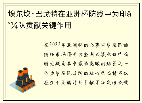 埃尔坎·巴戈特在亚洲杯防线中为印尼队贡献关键作用